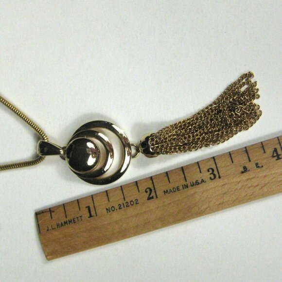Goldtone Tassel Pendant Necklace 32 In Omega Chain Statement Modern Upcycled - Picture 5 of 5